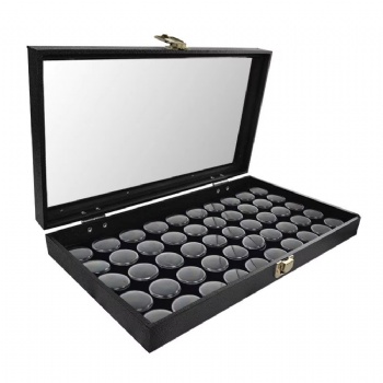 Black Glass Case Top Jewelry Display Box with 50 Gem Jars Ring Boxes Jewel Storage Trays Decorative Storage Solution