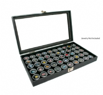 Black Tempered Glass Top Jewelry Display Box 50/36/24 Gem Jars on a Tray with a Hinged Cover with Foam