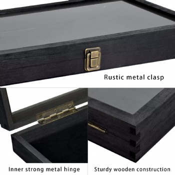  Black Glass Case Top Jewelry Display Box with 50 Gem Jars Ring Boxes Jewel Storage Trays Decorative Storage Solution	